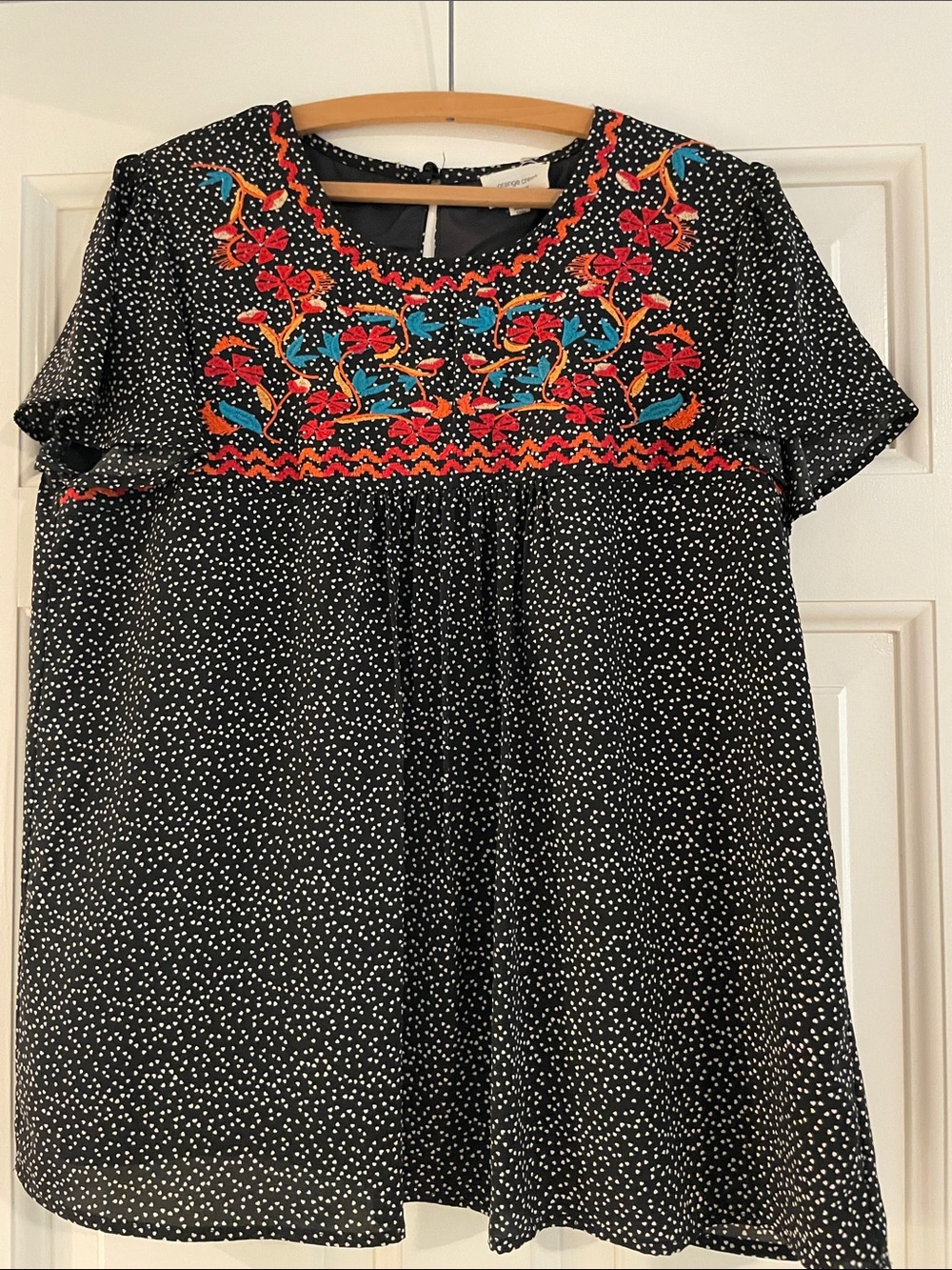 orange creek Black Polka Dot Top with Red & Teal Embroidery